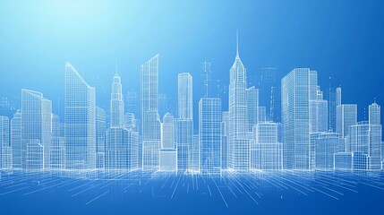 Fototapeta premium Abstract wireframe cityscape with futuristic design on gradient blue background, architecture design