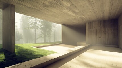Obraz premium Minimalist Architecture in a Foggy Forest