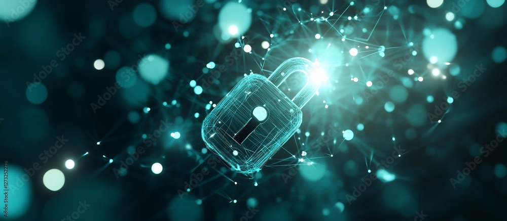 Poster abstract glowing padlock graphic on a dark teal background with bokeh effects, representing digital 