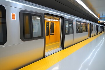 Subway train doors open on platform, modern interior