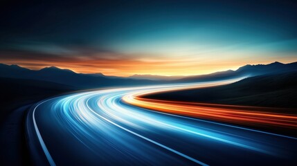 Naklejka premium Light trails on highway against sunset and mountain landscape. speed and technology