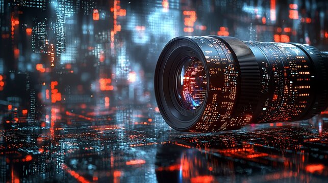 Futuristic camera lens with digital code background.