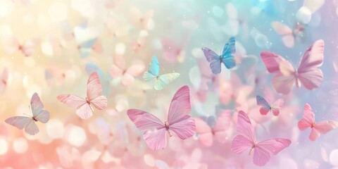 A soft-focus butterfly garden with pastel-colored wings fluttering
