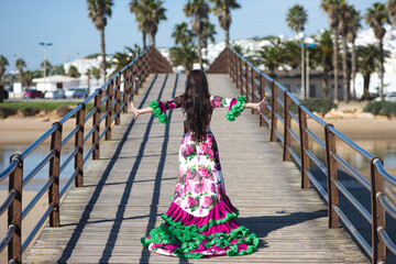 Latin woman, brunette, with flowing hair, dancing flamenco on a wooden catwalk by the seashore. The...