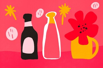 Bright modern still life featuring beverage bottles and a flower on a vibrant background
