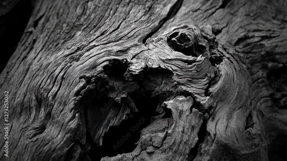 Poster striking monochrome image of a textured and gnarled old tree