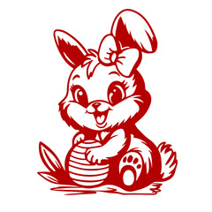 Silhouette of a sitting cute little bunny with a bow holding an Easter egg