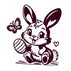 Silhouette of a cute little bunny with an Easter egg and a flying butterfly.