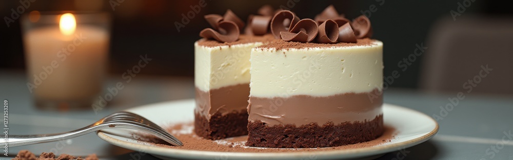 Aufkleber luxurious mousse cake displays enticing layers and delicate chocolate swirls in an elegant setting