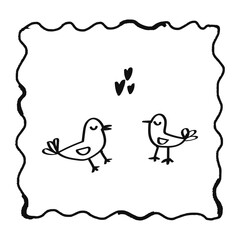 Doodled spring element on a transparent background - two birds with hearts. Hand drawn vector sketch clip art. Naive childish art illustration