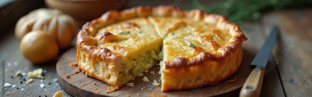 Poster rustic pie resting on a wooden board with a slice removed and bread rolls nearby in a cozy kitchen s