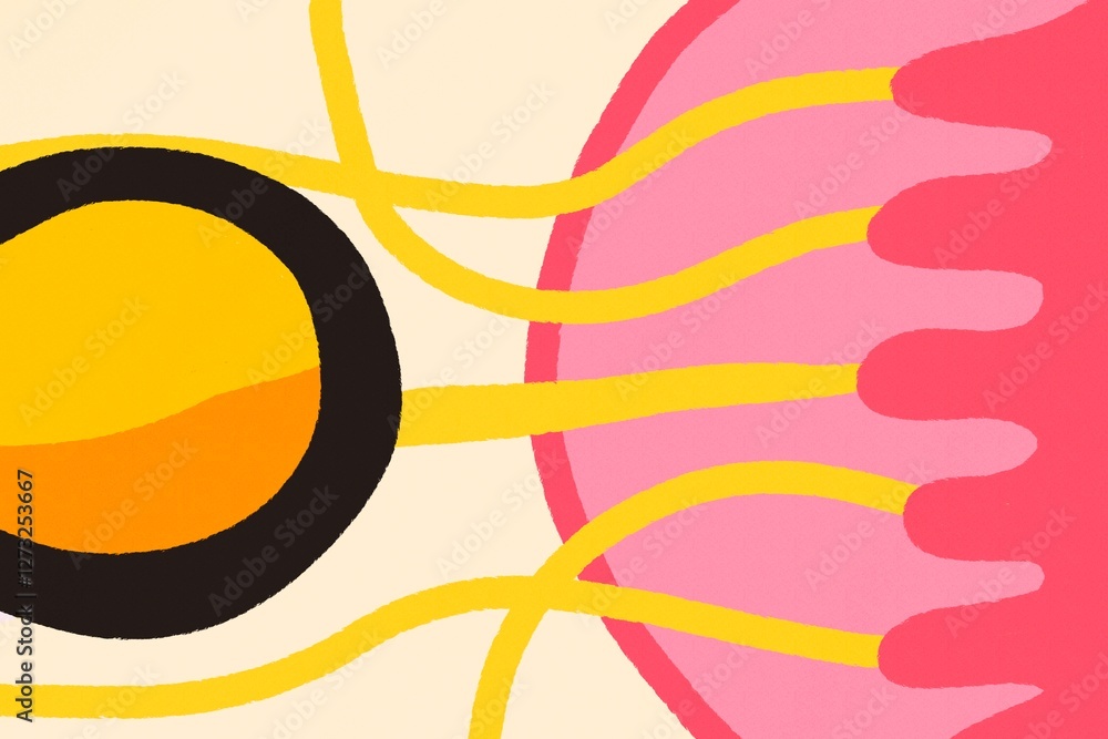 Poster vibrant abstract art featuring bold shapes and colors with yellow lines connecting circular forms on