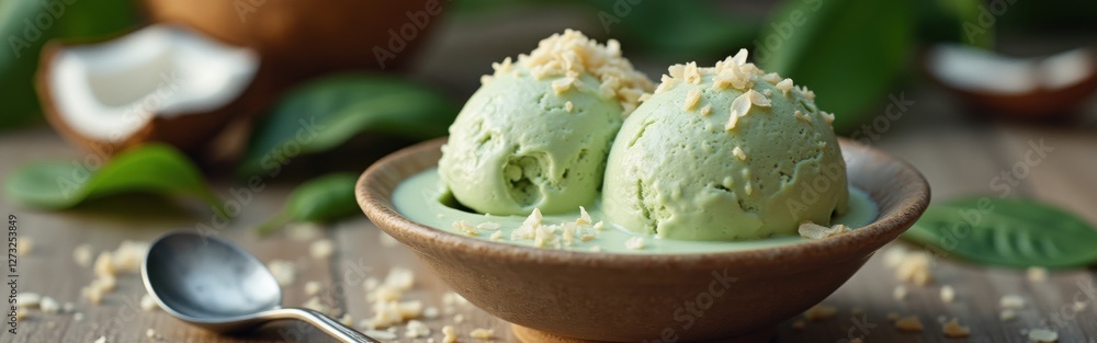 Aufkleber creamy spinach ice cream served in a rustic bowl with coconut flakes and fresh greenery for a refres