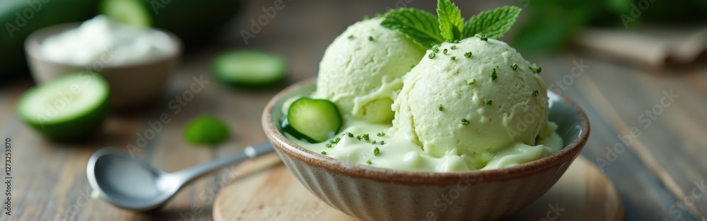 Poster Fresh cucumber ice cream served in a rustic bowl with mint garnish and cucumber slices on a wooden table