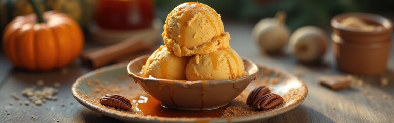 Delightful pumpkin ice cream served in an elegant bowl with autumn spices and garnishes