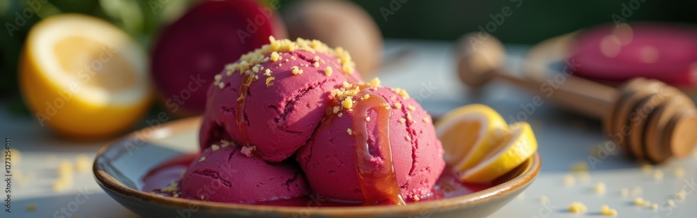 Poster creatively plated beetroot sorbet with lemon slices and honey drizzle on a sunny day