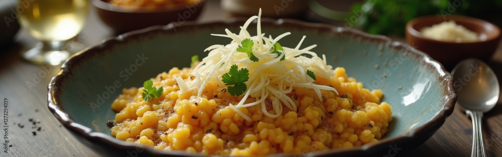 Poster fusion risotto plated beautifully with fresh herbs and toppings in an inviting setting
