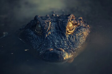 Obraz premium Close-up of an alligator's head partially submerged in murky water at sunset, showcasing its eyes and textured skin.