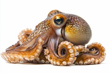 Obraz premium Close-up of a small octopus with speckled brown skin and large eyes on a white background.