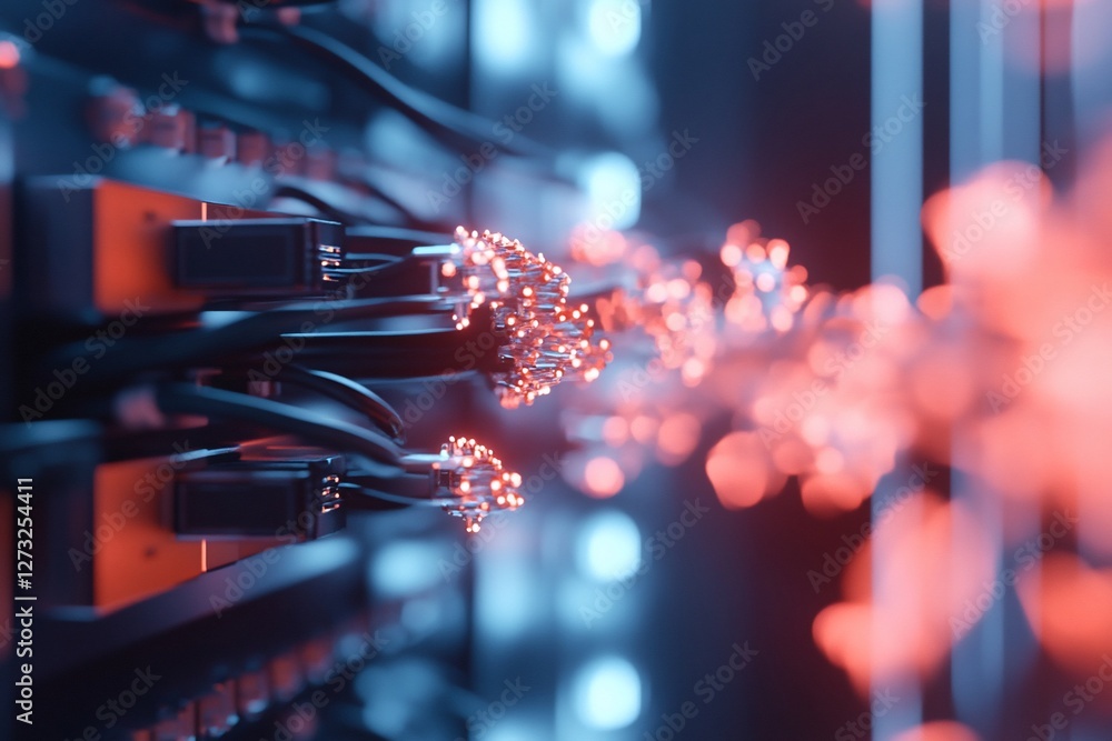 Poster abstract data stream flowing from server rack, glowing red and blue.