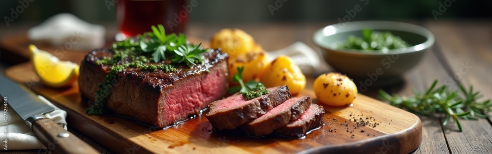 Poster expertly plated argentine steak served with flavorful herbs and garnishes in a rustic dining setting