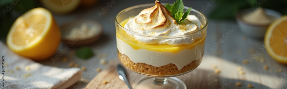 Poster delicious layered lemon cream dessert with a crispy crust and fresh lemon garnish