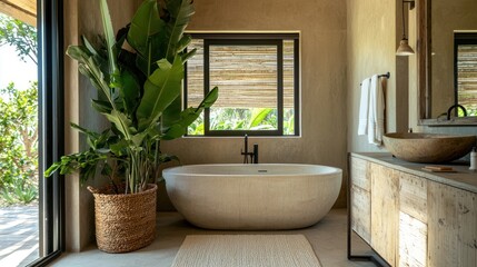 A spa-like bathroom with a large indoor plant next to a freestanding bathtub, surrounded by natural textures