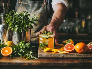 Modern bartending techniques captured with muddled citrus and herbs for rustic cocktails