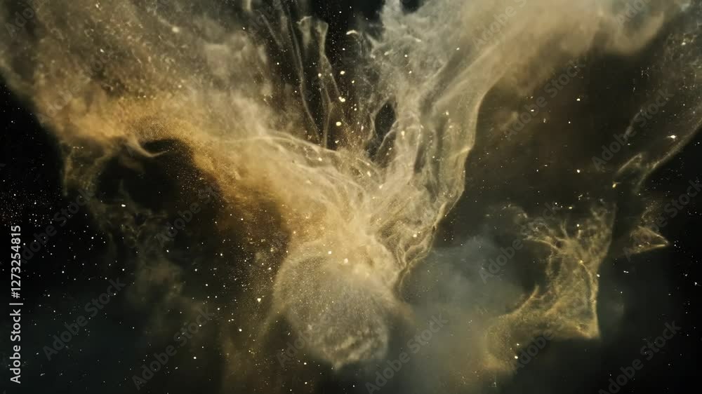 Poster golden dust flows through the air creating an ethereal atmosphere with dark background