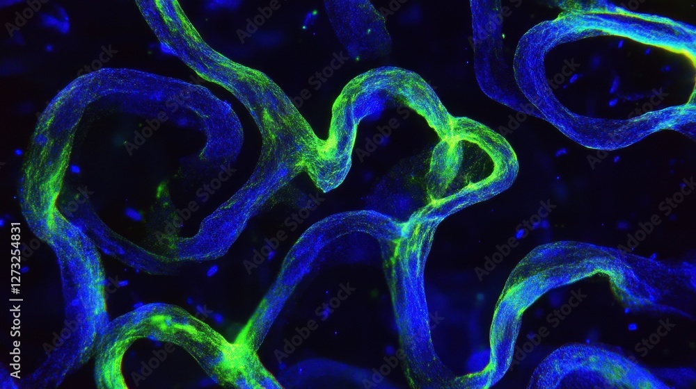 Poster microscopic image showing fluorescently labeled tubular structures