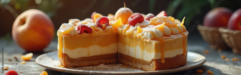 Poster Delightful three-layer pie with vibrant fruit toppings arranged on a rustic table