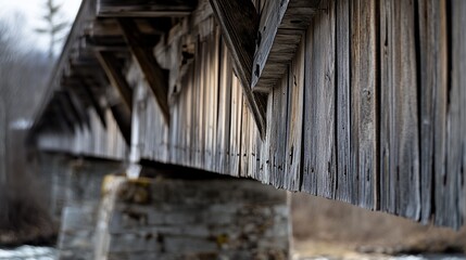Close-up of weathered wooden planks on a historic covered bridge, showing age and texture.
