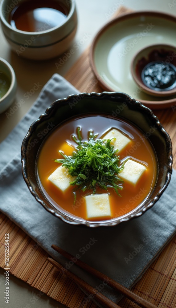 Poster richly flavored soup with tofu and fresh herbs served on a textured cloth at a cozy dining setting