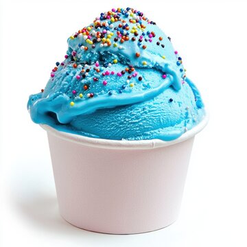 Vibrant blue bubblegum ice cream in a cup with sprinkles isolated on white