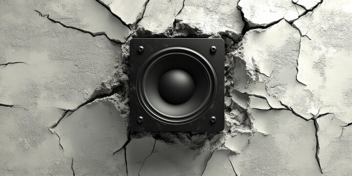 Centered on a stark gray wall, a sleek black speaker faces left, casting an aura of modern elegance and subtle sophistication against its minimalist backdrop