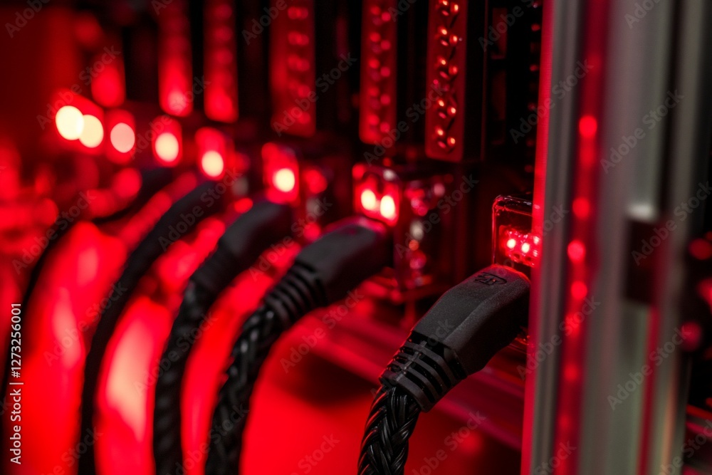 Poster close-up of server rack with red lights and cables, showing data transfer.
