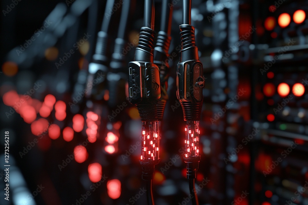 Poster close-up of glowing red wires plugged into a complex technological system.