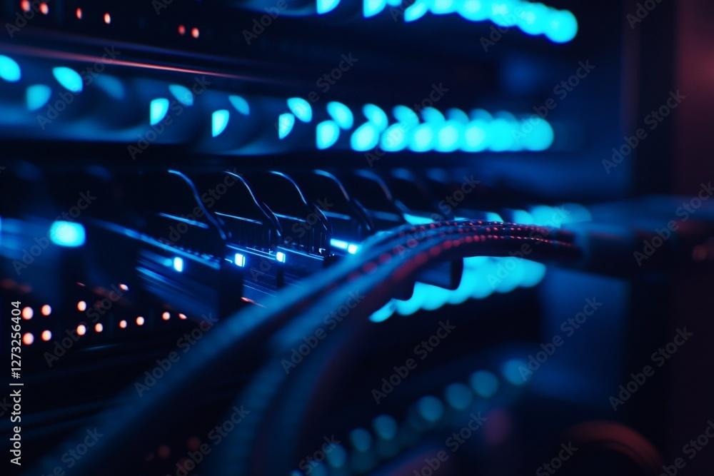 Aufkleber close-up of illuminated network cables connected to a server rack in a dark room.