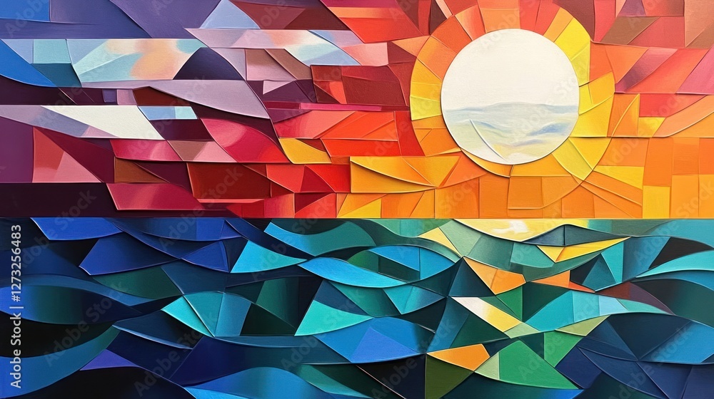 Poster abstract geometric painting depicts sunrise over ocean with angular shapes