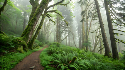 Naklejka premium Misty Forest Path – Serene Nature Landscape