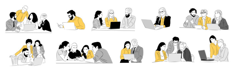 Business team members working together scenes. Business men, women Meeting, brainstorming, discussing, taking part in business activities. Vector colored line art illustration