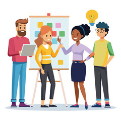 Fototapeta premium Business Workshop Concept. Vector cartoon illustration of a close-up group of diverse people standing near a board with sticky notes and discussing an idea. Isolated 