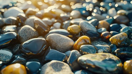 A stunning display of polished, small multi-colored rocks in a rock tumbler mix, arranged on a glass surface with sunlight reflecting off the smooth, shiny stones for a natural yet luxurious feel.