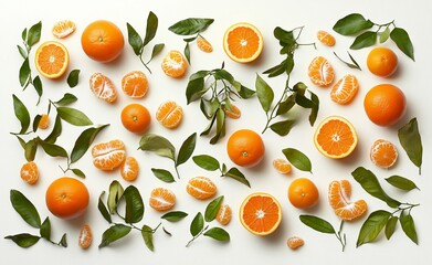 Obraz premium Flat lay of oranges, mandarins, and leaves arranged on white background.