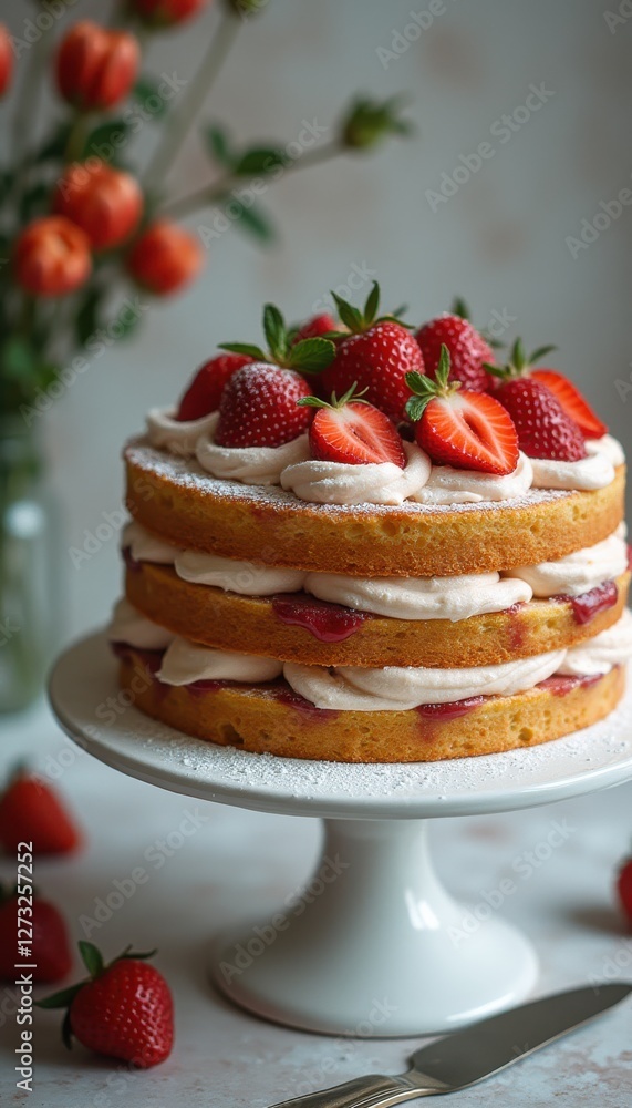 Poster beautiful layered cake with fresh strawberries and cream on a white cake stand in a bright setting