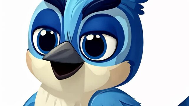 Bright blue cartoon bird character with large expressive eyes and a cheerful smile in a simple white background setting