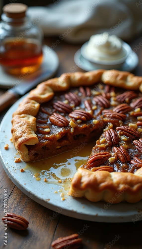 Poster rustic pecan pie with a rich filling and golden crust served on a wooden table with syrup and cream