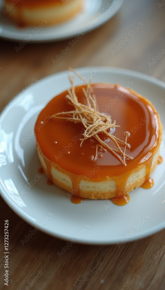 Poster Exquisite dessert with caramel glaze and delicate strands served on a simple white plate