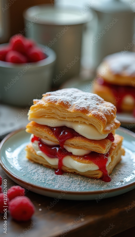 Poster Delicate puff pastry dessert topped with fresh raspberries and raspberry sauce served on a rustic wooden table