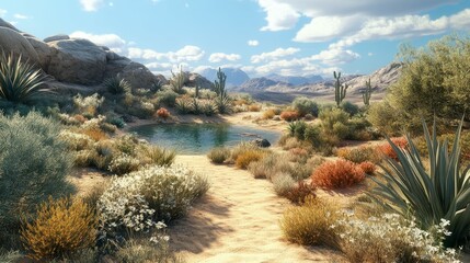 Serene Desert Landscape with Lush Vegetation and Tranquil Waterbody Under Blue Sky